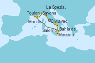 Visitando Civitavecchia (Roma), Salerno (Italia), Bahía de Capri - Experiencia a bordo, Messina (Sicilia), Bahía de Stromboli, Toulon (Francia), Mar de Liguria - Experiencia a bordo, Savona (Italia), La Spezia, Florencia y Pisa (Italia), Civitavecchia (Roma)