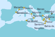 Visitando Estambul (Turquía), Esmirna (Turquía), Volos (Grecia), Santorini (Grecia), Nauplion (Grecia), Atenas (Grecia), Bahía de Souda (Grecia), La Goulette (Tunez), Palermo (Italia), Nápoles (Italia), Barcelona, Marsella (Francia), Savona (Italia)