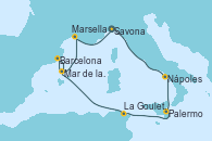 Visitando Savona (Italia), Nápoles (Italia), Palermo (Italia), La Goulette (Tunez), Barcelona, Mar de las Baleares - Experiencia a bordo, Mar de las Baleares - Experiencia a bordo, Marsella (Francia), Savona (Italia)