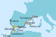 Visitando Lisboa (Portugal), Lisboa (Portugal), Tánger (Marruecos), Valencia, Palma de Mallorca (España), Sete (Francia), Tarragona (España), Tarragona (España), Málaga, Gibraltar (Inglaterra), Casablanca (Marruecos), Cádiz (España), Lisboa (Portugal)