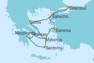 Visitando Atenas (Grecia), Mykonos (Grecia), Volos (Grecia), Estrecho de Dardanelos - Experiencia a bordo, Estambul (Turquía), Esmirna (Turquía), Santorini (Grecia), Nauplion (Grecia), Atenas (Grecia)