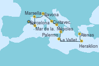 Visitando BarcelonaMar de las Baleares - Experiencia a bordo, Mar de las Baleares - Experiencia a bordo, Marsella (Francia), Savona (Italia), Civitavecchia (Roma), Nápoles (Italia), Palermo (Italia), La Valletta (Malta), Heraklion (Creta), Atenas (Grecia)