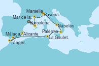 Visitando BarcelonaMar de las Baleares - Experiencia a bordo, Mar de las Baleares - Experiencia a bordo, Marsella (Francia), Savona (Italia), Nápoles (Italia), Palermo (Italia), La Goulette (Tunez), Tánger (Marruecos), Málaga, Alicante (España)