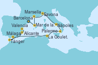 Visitando BarcelonaMar de las Baleares - Experiencia a bordo, Mar de las Baleares - Experiencia a bordo, Marsella (Francia), Savona (Italia), Nápoles (Italia), Palermo (Italia), La Goulette (Tunez), Tánger (Marruecos), Málaga, Alicante (España), Valencia