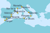 Visitando BarcelonaMar de las Baleares - Experiencia a bordo, Mar de las Baleares - Experiencia a bordo, Marsella (Francia), Savona (Italia), Nápoles (Italia), Palermo (Italia), La Goulette (Tunez), Tánger (Marruecos), Málaga, Alicante (España), Valencia, Barcelona