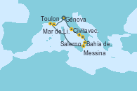 Visitando Génova (Italia), Civitavecchia (Roma), Salerno (Italia), Bahía de Capri - Experiencia a bordo, Messina (Sicilia), Bahía de Stromboli, Toulon (Francia), Mar de Liguria - Experiencia a bordo, Génova (Italia)