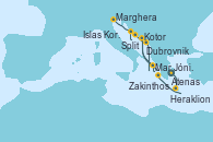 Visitando Atenas (Grecia), Heraklion (Creta), Zakinthos (Grecia), Mar Jónico - Experiencia a bordo, Mar Jónico - Experiencia a bordo, Kotor (Montenegro), Dubrovnik (Croacia), Split (Croacia), Islas Kornati (Croacia), Marghera (Venecia/Italia)