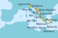 Visitando Atenas (Grecia), Heraklion (Creta), Zakinthos (Grecia), Mar Jónico - Experiencia a bordo, Mar Jónico - Experiencia a bordo, Kotor (Montenegro), Dubrovnik (Croacia), Split (Croacia), Islas Kornati (Croacia), Marghera (Venecia/Italia), Laguna de Venecia - Experiencia a bordo, Bari (Italia), Corfú (Grecia), Argostoli (Grecia), Bahía de Souda (Grecia), Rodas (Grecia), Mykonos (Grecia), Atenas (Grecia)