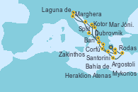 Visitando Atenas (Grecia), Santorini (Grecia), Heraklion (Creta), Zakinthos (Grecia), Mar Jónico - Experiencia a bordo, Mar Jónico - Experiencia a bordo, Kotor (Montenegro), Dubrovnik (Croacia), Split (Croacia), Marghera (Venecia/Italia), Laguna de Venecia - Experiencia a bordo, Bari (Italia), Corfú (Grecia), Argostoli (Grecia), Bahía de Souda (Grecia), Rodas (Grecia), Mykonos (Grecia), Santorini (Grecia), Atenas (Grecia)
