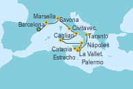 Visitando Barcelona, Marsella (Francia), Savona (Italia), Civitavecchia (Roma), Nápoles (Italia), Cagliari (Cerdeña), Palermo (Italia), La Valletta (Malta), Estrecho de Sicilia - Experiencia a Bordo, Estrecho de Sicilia - Experiencia a Bordo, Catania (Sicilia), Taranto (Italia)
