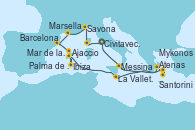 Visitando Civitavecchia (Roma), Ajaccio (Córcega), Savona (Italia), Marsella (Francia), Barcelona, Mar de las Baleares - Experiencia a bordo, Mar de las Baleares - Experiencia a bordo, Ibiza (España), Palma de Mallorca (España), La Valletta (Malta), Atenas (Grecia), Santorini (Grecia), Mykonos (Grecia), Messina (Sicilia), Civitavecchia (Roma)