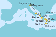Visitando Marghera (Venecia/Italia)Laguna de Venecia - Experiencia a bordo, Bari (Italia), Corfú (Grecia), Argostoli (Grecia), Bahía de Souda (Grecia), Rodas (Grecia), Mykonos (Grecia), Santorini (Grecia), Atenas (Grecia)