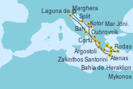Visitando Marghera (Venecia/Italia)Laguna de Venecia - Experiencia a bordo, Bari (Italia), Corfú (Grecia), Argostoli (Grecia), Bahía de Souda (Grecia), Rodas (Grecia), Mykonos (Grecia), Atenas (Grecia), Santorini (Grecia), Heraklion (Creta), Zakinthos (Grecia), Mar Jónico - Experiencia a bordo, Mar Jónico - Experiencia a bordo, Kotor (Montenegro), Dubrovnik (Croacia), Split (Croacia), Marghera (Venecia/Italia)