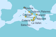 Visitando Savona (Italia), Civitavecchia (Roma), Nápoles (Italia), Cagliari (Cerdeña), Palermo (Italia), La Valletta (Malta), Estrecho de Sicilia - Experiencia a Bordo, Estrecho de Sicilia - Experiencia a Bordo, Catania (Sicilia), Taranto (Italia)
