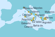 Visitando Savona (Italia), Civitavecchia (Roma), Nápoles (Italia), Cagliari (Cerdeña), Palermo (Italia), La Valletta (Malta), Estrecho de Sicilia - Experiencia a Bordo, Estrecho de Sicilia - Experiencia a Bordo, Catania (Sicilia), Taranto (Italia), Argostoli (Grecia), Mykonos (Grecia), Bahía de Mykonos - Experiencia a bordo, Bahía de Mykonos - Experiencia a bordo, Atenas (Grecia)