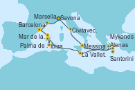 Visitando Savona (Italia), Marsella (Francia), Barcelona, Mar de las Baleares - Experiencia a bordo, Mar de las Baleares - Experiencia a bordo, Ibiza (España), Palma de Mallorca (España), La Valletta (Malta), Atenas (Grecia), Santorini (Grecia), Mykonos (Grecia), Messina (Sicilia), Civitavecchia (Roma), Savona (Italia)