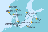 Visitando Warnemunde (Alemania), Gdynia (Polonia), Klaipeda (Lituania), Riga (Letonia), Estocolmo (Suecia), Copenhague (Dinamarca), Warnemunde (Alemania), Stavanger (Noruega), Bergen (Noruega), Kristiansand (Noruega), Oslo (Noruega), Copenhague (Dinamarca), Warnemunde (Alemania)