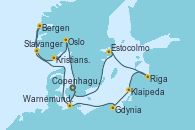 Visitando Copenhague (Dinamarca), Warnemunde (Alemania), Stavanger (Noruega), Bergen (Noruega), Kristiansand (Noruega), Oslo (Noruega), Copenhague (Dinamarca), Warnemunde (Alemania), Gdynia (Polonia), Klaipeda (Lituania), Riga (Letonia), Estocolmo (Suecia), Copenhague (Dinamarca)
