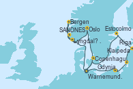Visitando Warnemunde (Alemania), SANDNES (STAVANGER), Bergen (Noruega), Lyngdal	 Norway, Oslo (Noruega), Copenhague (Dinamarca), Warnemunde (Alemania), Gdynia (Polonia), Klaipeda (Lituania), Riga (Letonia), Estocolmo (Suecia), Copenhague (Dinamarca), Warnemunde (Alemania)
