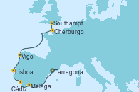 Visitando Tarragona (España), Málaga, Cádiz (España), Lisboa (Portugal), Vigo (España), Cherburgo (Francia), Southampton (Inglaterra)