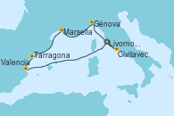 Visitando Livorno, Pisa y Florencia (Italia), Civitavecchia (Roma), Génova (Italia), Marsella (Francia), Tarragona (España), Valencia, Livorno, Pisa y Florencia (Italia)