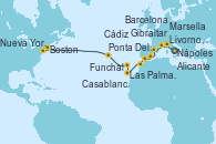 Visitando Nápoles (Italia), Livorno, Pisa y Florencia (Italia), Marsella (Francia), Barcelona, Alicante (España), Gibraltar (Inglaterra), Cádiz (España), Casablanca (Marruecos), Las Palmas de Gran Canaria (España), Funchal (Madeira), Ponta Delgada (Azores), Ponta Delgada (Azores), Boston (Massachusetts), Boston (Massachusetts), Nueva York (Estados Unidos)