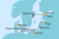 Visitando Estocolmo (Suecia), Estocolmo (Suecia), Copenhague (Dinamarca), Aarhus (Dinamarca), Warnemunde (Alemania), Gdynia (Polonia), Klaipeda (Lituania), Riga (Letonia), Helsinki (Finlandia), Tallin (Estonia), Estocolmo (Suecia)