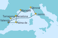 Visitando Valencia, Tarragona (España), Marsella (Francia), Génova (Italia), Livorno, Pisa y Florencia (Italia), Valencia, Palma de Mallorca (España), Barcelona Visitando Valencia, Tarragona (España), Marsella (Francia), Génova (Italia), Livorno, Pisa y Florencia (Italia), Valencia, Palma de Mallorca (España), Barcelona