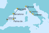 Visitando Valencia, Palma de Mallorca (España), Barcelona, Marsella (Francia), Génova (Italia), Livorno, Pisa y Florencia (Italia), Civitavecchia (Roma)