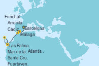 Visitando Barcelona, Málaga, Cádiz (España), Las Palmas de Gran Canaria (España), Funchal (Madeira), Mar de las islas Canarias - Experiencia a bordo, Santa Cruz de Tenerife (España), Santa Cruz de Tenerife (España), Fuerteventura (Canarias/España), Arrecife (Lanzarote/España), Atlantis crest Oeste - Experiencia a bordo, Las Palmas de Gran Canaria (España)