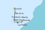 Visitando Las Palmas de Gran Canaria (España), Funchal (Madeira), Mar de las islas Canarias - Experiencia a bordo, Santa Cruz de Tenerife (España), Santa Cruz de Tenerife (España), Arrecife (Lanzarote/España), Atlantis crest Oeste - Experiencia a bordo, Fuerteventura (Canarias/España), Las Palmas de Gran Canaria (España)