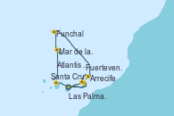Visitando Las Palmas de Gran Canaria (España), Fuerteventura (Canarias/España), Santa Cruz de Tenerife (España), Santa Cruz de Tenerife (España), Funchal (Madeira), Mar de las islas Canarias - Experiencia a bordo, Arrecife (Lanzarote/España), Atlantis crest Oeste - Experiencia a bordo, Las Palmas de Gran Canaria (España)