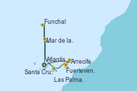 Visitando Santa Cruz de Tenerife (España), Arrecife (Lanzarote/España), Atlantis crest Oeste - Experiencia a bordo, Fuerteventura (Canarias/España), Las Palmas de Gran Canaria (España), Funchal (Madeira), Mar de las islas Canarias - Experiencia a bordo, Santa Cruz de Tenerife (España), Santa Cruz de Tenerife (España)