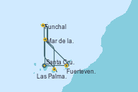 Visitando Santa Cruz de Tenerife (España), Fuerteventura (Canarias/España), Funchal (Madeira), Mar de las islas Canarias - Experiencia a bordo, Las Palmas de Gran Canaria (España), Funchal (Madeira), Mar de las islas Canarias - Experiencia a bordo, Santa Cruz de Tenerife (España), Santa Cruz de Tenerife (España)