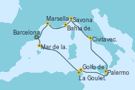 Visitando BarcelonaMar de las Baleares - Experiencia a bordo, Mar de las Baleares - Experiencia a bordo, La Goulette (Tunez), Golfo de Túnez - Experiencia a bordo, Palermo (Italia), Civitavecchia (Roma), Savona (Italia), Bahía de Montecarlo - Experiencia a bordo, Bahía de Montecarlo - Experiencia a bordo, Marsella (Francia), Barcelona
