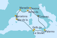 Visitando Civitavecchia (Roma), Savona (Italia), Bahía de Montecarlo - Experiencia a bordo, Bahía de Montecarlo - Experiencia a bordo, Marsella (Francia), Barcelona, Mar de las Baleares - Experiencia a bordo, Mar de las Baleares - Experiencia a bordo, La Goulette (Tunez), Golfo de Túnez - Experiencia a bordo, Palermo (Italia), Civitavecchia (Roma)