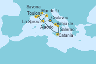 Visitando Civitavecchia (Roma), Salerno (Italia), Bahía de Capri - Experiencia a bordo, Catania (Sicilia), Toulon (Francia), Mar de Liguria - Experiencia a bordo, Savona (Italia), La Spezia, Florencia y Pisa (Italia), Ajaccio (Córcega), Civitavecchia (Roma)