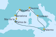 Visitando Palma de Mallorca (España), Palermo (Italia), Civitavecchia (Roma), Savona (Italia), Marsella (Francia), Barcelona, Mar de las Baleares - Experiencia a bordo, Mar de las Baleares - Experiencia a bordo, Palma de Mallorca (España)
