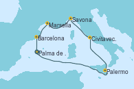 Visitando Palma de Mallorca (España), Palermo (Italia), Civitavecchia (Roma), Savona (Italia), Marsella (Francia), Barcelona, Palma de Mallorca (España) Visitando Palma de Mallorca (España), Palermo (Italia), Civitavecchia (Roma), Savona (Italia), Marsella (Francia), Barcelona, Palma de Mallorca (España)