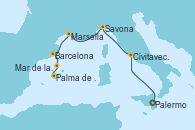 Visitando Palermo (Italia), Civitavecchia (Roma), Savona (Italia), Marsella (Francia), Barcelona, Mar de las Baleares - Experiencia a bordo, Mar de las Baleares - Experiencia a bordo, Palma de Mallorca (España) Visitando Palermo (Italia), Civitavecchia (Roma), Savona (Italia), Marsella (Francia), Barcelona, Mar de las Baleares - Experiencia a bordo, Mar de las Baleares - Experiencia a bordo, Palma de Mallorca (España)