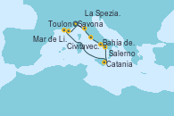 Visitando Savona (Italia), La Spezia, Florencia y Pisa (Italia), Civitavecchia (Roma), Salerno (Italia), Bahía de Capri - Experiencia a bordo, Catania (Sicilia), Toulon (Francia), Mar de Liguria - Experiencia a bordo, Savona (Italia)