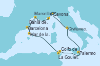 Visitando Savona (Italia)Bahía de Montecarlo - Experiencia a bordo, Bahía de Montecarlo - Experiencia a bordo, Marsella (Francia), Barcelona, Mar de las Baleares - Experiencia a bordo, Mar de las Baleares - Experiencia a bordo, La Goulette (Tunez), Golfo de Túnez - Experiencia a bordo, Palermo (Italia), Civitavecchia (Roma), Savona (Italia)