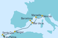 Visitando Las Palmas de Gran Canaria (España), Santa Cruz de Tenerife (España), Tánger (Marruecos), Barcelona, Mar de las Baleares - Experiencia a bordo, Mar de las Baleares - Experiencia a bordo, Marsella (Francia), Génova (Italia)