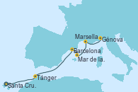 Visitando Santa Cruz de Tenerife (España), Tánger (Marruecos), Barcelona, Mar de las Baleares - Experiencia a bordo, Mar de las Baleares - Experiencia a bordo, Marsella (Francia), Génova (Italia)