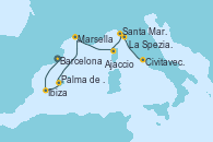 Visitando Barcelona, Ibiza (España), Palma de Mallorca (España), Marsella (Francia), Ajaccio (Córcega), Santa Margarita (Italia), La Spezia, Florencia y Pisa (Italia), Civitavecchia (Roma)