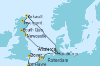 Visitando Hamburgo (Alemania), Newcastle (Reino Unido), South Queensferry (Escocia), Invergordon (Escocia), Kirkwall (Escocia), Hamburgo (Alemania), Dover (Inglaterra), Le Havre (Francia), Rotterdam (Holanda), Ámsterdam (Holanda), Hamburgo (Alemania), Hamburgo (Alemania)