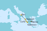 Visitando Atenas (Grecia), Katakolon (Olimpia/Grecia), Argostoli (Grecia), Corfú (Grecia), Bari (Italia)