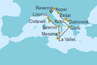 Visitando Ravenna (Italia), Koper (Eslovenia), Zadar (Croacia), Dubrovnik (Croacia), Kotor (Montenegro), Corfú (Grecia), La Valletta (Malta), Messina (Sicilia), Salerno (Italia), Livorno, Pisa y Florencia (Italia), Civitavecchia (Roma)