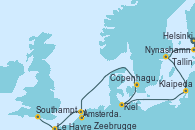 Visitando Helsinki (Finlandia), Tallin (Estonia), Nynashamn (Suecia), Klaipeda (Lituania), Kiel (Alemania), Copenhague (Dinamarca), Ámsterdam (Holanda), Zeebrugge (Bruselas), Le Havre (Francia), Southampton (Inglaterra)