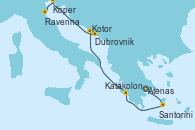 Visitando Atenas (Grecia), Santorini (Grecia), Katakolon (Olimpia/Grecia), Kotor (Montenegro), Dubrovnik (Croacia), Koper (Eslovenia), Ravenna (Italia)